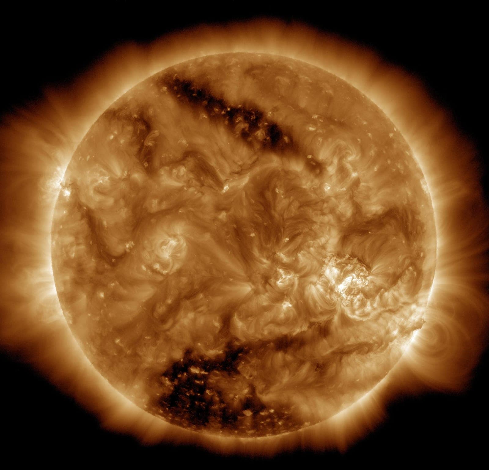 The glowing golden-brown disk of the Sun with two large dark patches near its poles.